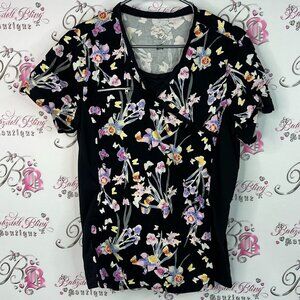 Health pro scrub top tee butterflies 🦋 Floral Black Short Sleeve Women's Top